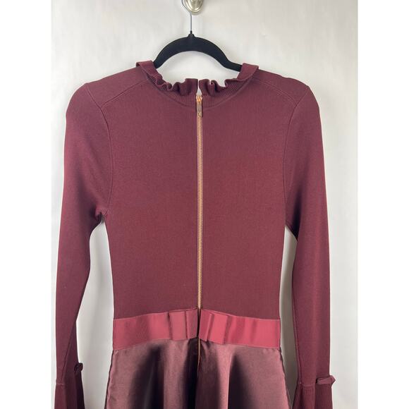 Ted Baker Zadi Dress Burgundy Fit & Flare Satin Skirt Frill Cuff Ruffle Neck - Picture 10 of 15